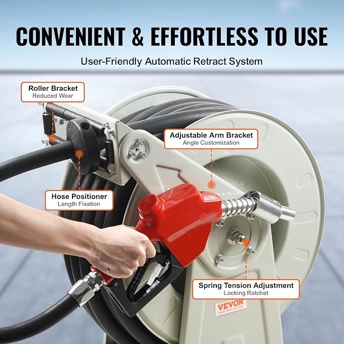 VEVOR Diesel Fuel Hose Reel 3/4" x 50', Retractable Hose Reel Extra Long, Heavy-Duty Carbon Steel Construction with Automatic Fuel Nozzle, NBR Rubber Hose for Vehicle Ship Aircraft Tank Truck, 300PSI