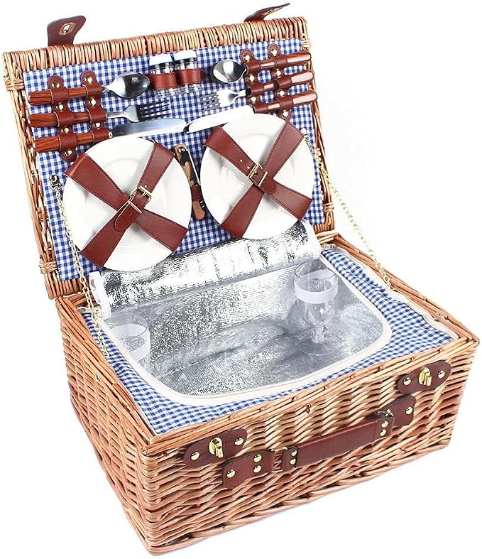 4-Person Handmade Wicker Picnic Basket Set, with Insulated Cooler Compartment, Complete Cutlery Kit, for Outdoor Parties, Picnics, Beach Trips