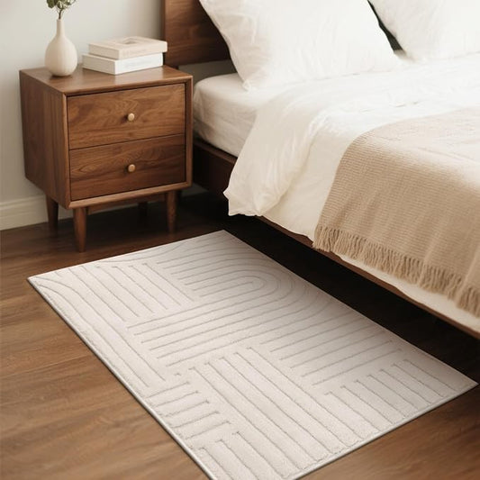 SHACOS Soft Cozy Fluffy Arch Pattern High-Low Pile Small Rug 2'x3' Non Slip Washable Textured Minimalist Area Rugs Modern Geometric Carpet for Bedroom Bathroom Kitchen, Beige