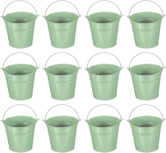 PATIKIL 5.1"x4.7" Small Metal Buckets with Handle, 12 Pcs Mini Galvanized Bucket Colorful Easter Buckets for Crafts Party Favors Decoration, Light Green