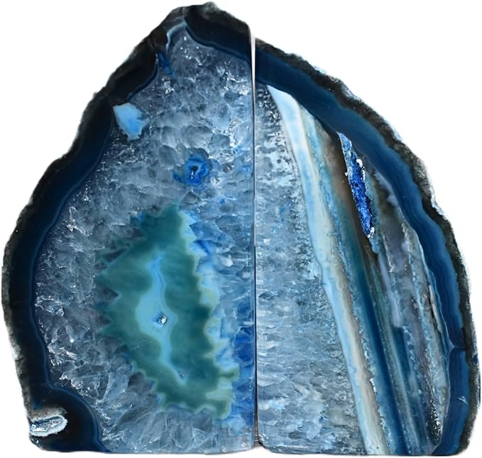 Nature's Decorations Blue Agate Bookends – A+ Grade Geode Heavy Duty Decorative Stone Crystal for Shelves & Bookcases, Natural Polished Bookshelf Decor, 1 Pair 6-8Lbs