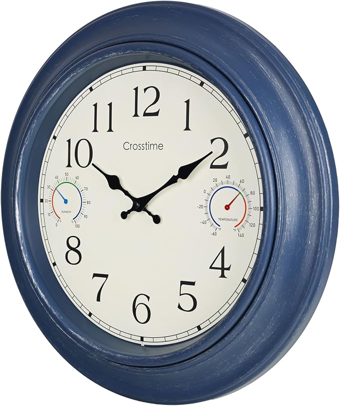 Crosstime 18 Inch Large Outdoor Clock with Thermometer & Hygrometer – Silent Retro Wall Clock Waterproof for Patio, Pool, Garden, Backyard Decor – Blue