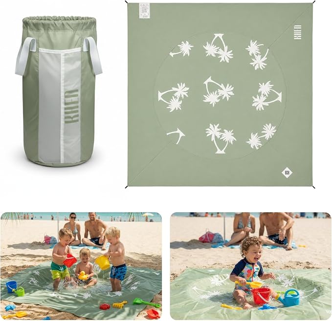 2-in-1 Kids, Baby & Infants Beach Pool & Waterproof Picnic Blanket - Large 6.5' Portable Paddling, Pool & Play Mat & Waterproof Carrying Bag, Outdoor Summer Gear, Toddle Child & Kid Bayside Green Sage