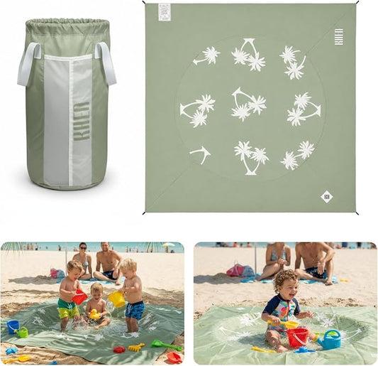 2-in-1 Kids, Baby & Infants Beach Pool & Waterproof Picnic Blanket - Large 6.5' Portable Paddling, Pool & Play Mat & Waterproof Carrying Bag, Outdoor Summer Gear, Toddle Child & Kid Bayside Green Sage