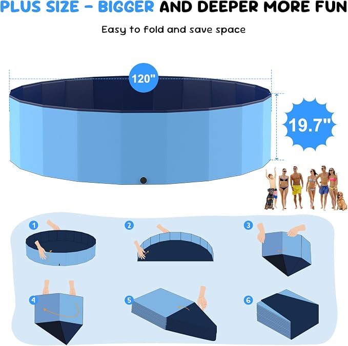 120'' Foldable Dog Pool, Kiddie Pool, Heavy Duty Non-Slip Plastic Pet Wading Pool for Large Dogs, Indoor and Outdoor Kids Pet Dog Bathtub