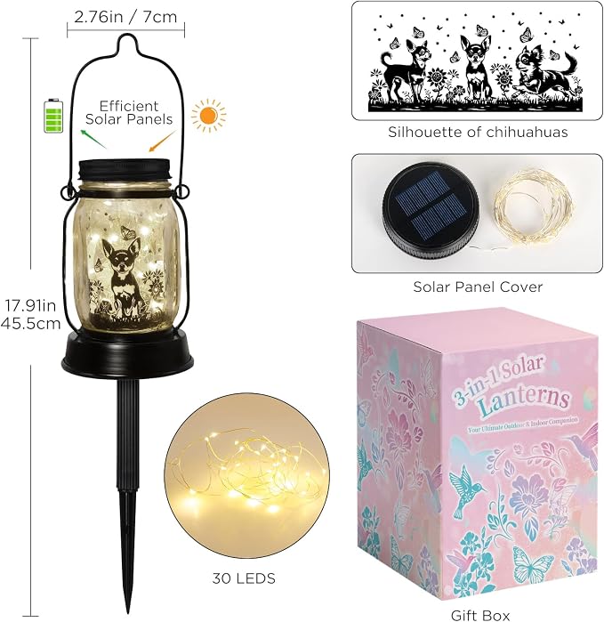 Kyoryuger Chihuahua Gifts for Women/Men Chihuahua Solar Lanterns Dog Mom Birthday Dog Lovers Lantern Pet loss Pet Memorial Lights Solar Garden Decoration Outside for Yard, Patio,Backyard,Porch Torches
