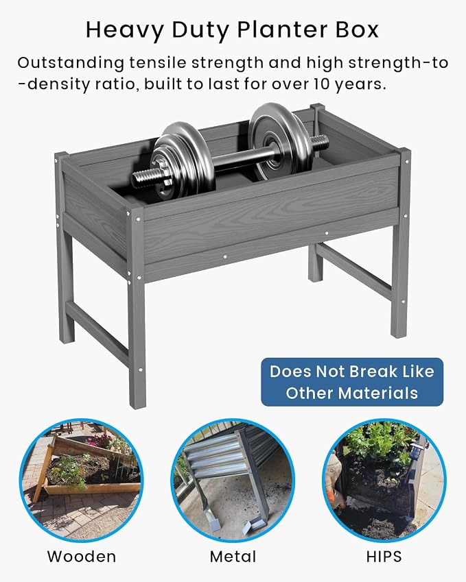 Weatherproof Raised Garden Bed, HDPE Outdoor Elevated Planter Box with Legs, Garden Box, Flower Beds for Patio, Deck, Balcony (Grey)