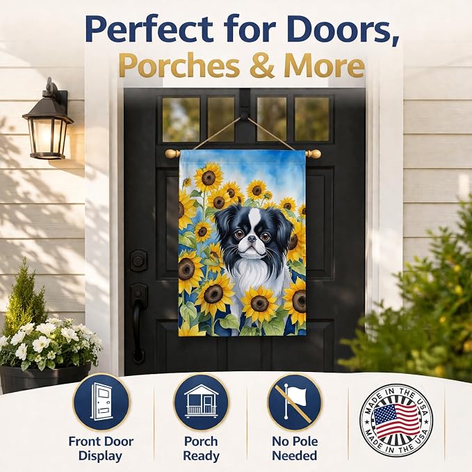Caroline's Treasures DAC6103CHF Japanese Chin in Sunflowers House Flag Large Porch Sleeve Pole Decorative Outside Yard Banner Artwork Wall Hanging, Polyester, House Size, Multicolor