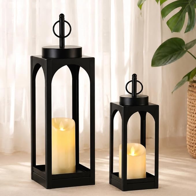 MATAHUM 18" 13" Decorative Lanterns Set of 2, Black Metal Farmhouse Lanterns with Flameless Candles, Outdoor Lantern Decor Indoor Candle Lantern for Fireplace, Porch, Patio, Garden, Wedding