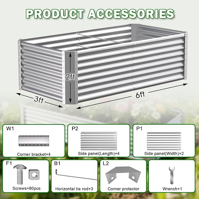 Tall Galvanized Raised Garden Bed Kit Outdoor Patio,6x3x2ft Large Rectangular Metal Planter Boxes,Deep Root Box Planter for Gardening, Vegetables, Flowers, Herbs, 1 Pack, Silver