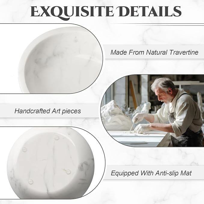 LemonRoad Marble Decorative Bowl 7.8"x 2" White Round Stone Bowl for Fruit, Dog, Entryway Key, Kitchen Counter, Dining Table Centerpiece, Office Decor