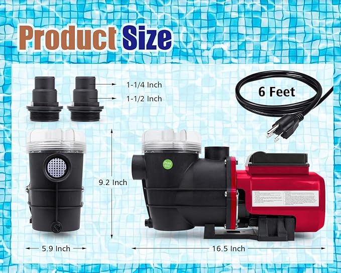 CIPU 1/2 HP Pool Pump with Timer, 3120 GPH, Filter Basket, 115V | Self-priming 3120GPH above ground pool pump includes timer function & hose adapters replacement for sand filter system.