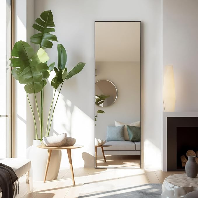 Full Length Floor Mirror, 16"x59" Body Wall Mirror with Stand | Shatter-Proof Nano Glass, Tall Standing, Hanging or Leaning, Aluminum Alloy Frame for Bedroom, Modern Home Decor, Black
