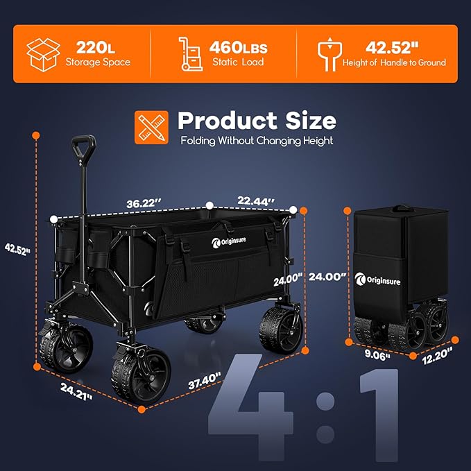 Originsure 220L Collapsible Wagon Cart Foldable, 460lbs Load Capacity Heavy Duty Folding Beach Wagons with Big All-Terrain Wheels, Utility Carts for Groceries, Shopping, Camping, Sports - Black