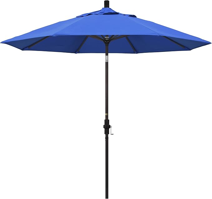 California Umbrella 9' Round Aluminum Market Umbrella, Crank Lift, Collar Tilt, Bronze Pole, Royal Blue Olefin