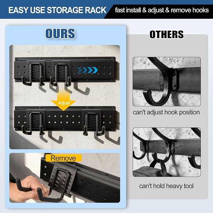 49.5'' Garage Tool Organizer Wall Mount Load 520Lbs with Heavy Duty 14Hooks | 520lbs Heavy Duty Garden Tool Organizer, Garage Wall Organizer for Garden Tool Yard Tool Shovel Rake Broom Ladder