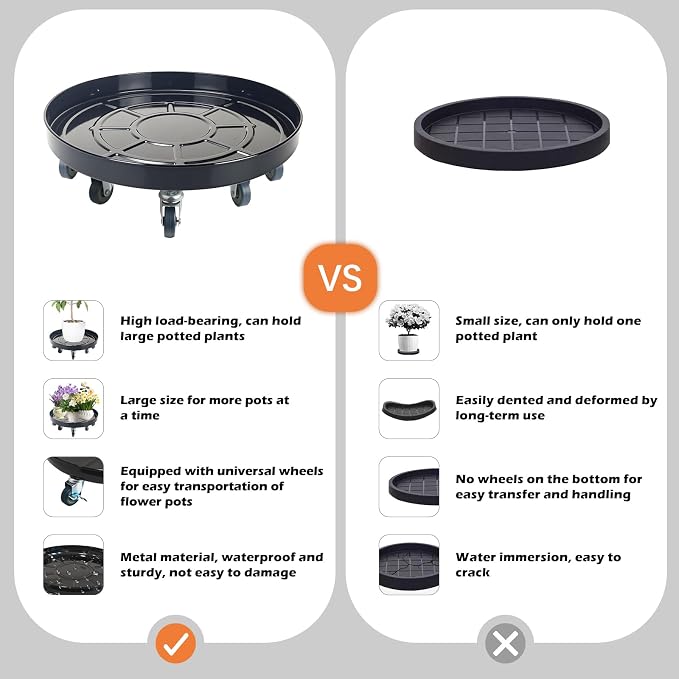 20 Inch Heavy Duty Plant Stand on Wheels, Round Plant Caddy with Wheels for Indoor & Outdoor Use, Metal Rolling Tray for Potted and Small Furniture (Black 2 Pcs)