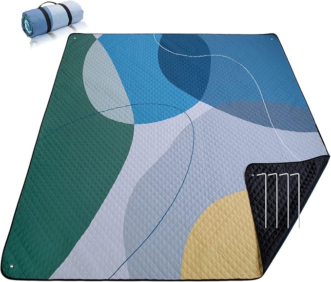 PY SUPER MODE Picnic Blankets Extra Large, Waterproof Foldable Outdoor Beach Blanket Oversized 83x79” Sandproof, 3-Layer Picnic Mat for Camping, Hiking, Travel, Park, Concerts(Abstract Blue)
