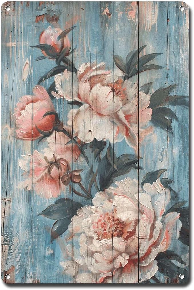 Metal Sign Tin Sign Vintage Wall Art Antique Adoration Peony Tin Sign for Shabby Chic Interiors Rustic Elegance and Corrosion Resistan Kitty Decor for Pub 12×16 Inches