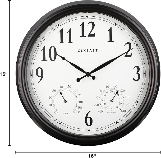 CLXEAST 16 Inch Indoor Outdoor Clocks Waterproof, Large Outdoor Clock with Temperature and Humidity for Patio,Porch,Pool,Oil Rubbed Bronze Black Finish