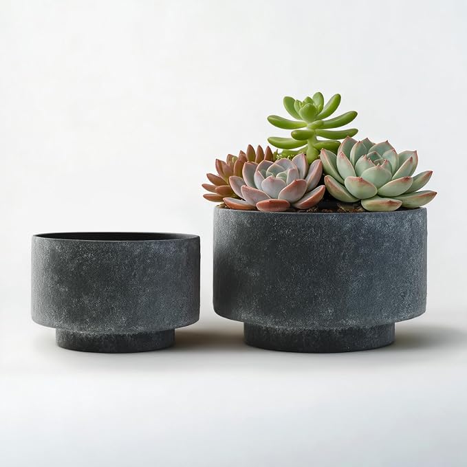 Succulent Pots, 8 Inch + 6 Inch Plant Pots for Plants with Drainage Hole, Indoor Outdoor Ceramic Planter, Set of 2 Round Flower Pots for Succulent and Plants, Black