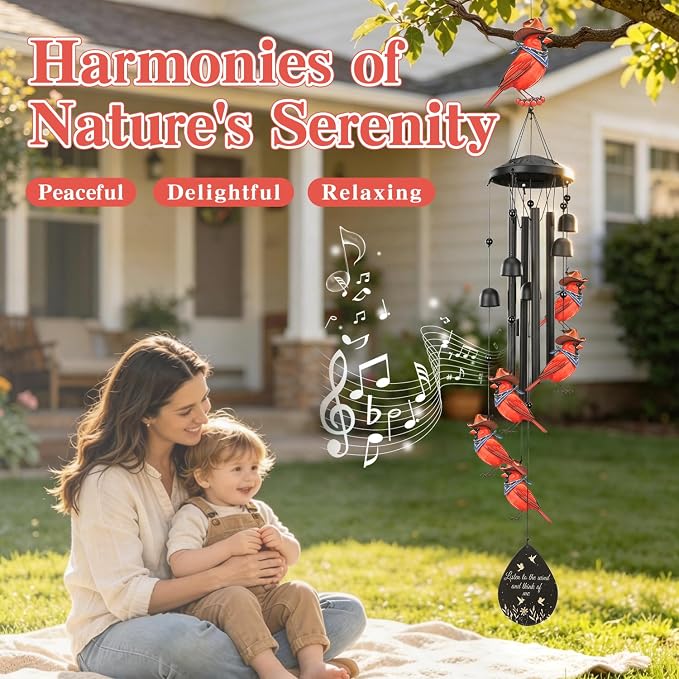 Cardinal Wind Chimes Outdoor Metal Windchimes Garden Patio Decor | Cardinal Gifts for Women Ideal Memorial/Housewarming/Birthday/Festival Gifts Front Yard Decor