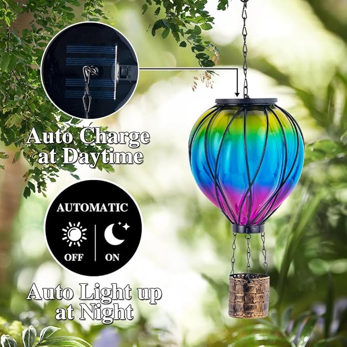 Gradient Color Solar Hot Air Balloon Outdoor Lantern with Flickering Flame Hanging Outdoor Lantern Waterproof Decorative Lantern Lamp for Patio, Garden, Porch | Handmade Glass, Flickering Flame, Waterproof, Decorative Outdoor Lantern, for Patio, Garden...