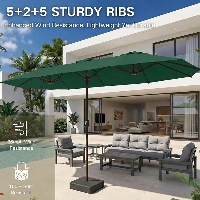 Kingdura 15ft Large Patio Umbrella with Base Included, Double-Sided Rectangle Outdoor Table Umbrella with 12 Reinforced Ribs, Crank Lift for Market Pool Deck Backyard, Dark green