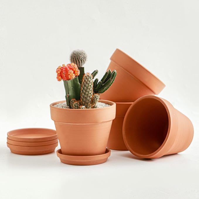 HERDUK Terracotta Pots 6 Inch (4 Pack), Clay Pots for Plants with Drainage Hole and Saucer, Flower Pot with Tray, Large Terracotta Pot for Indoor Outdoor Plant