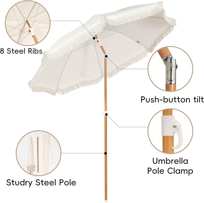 Seazul 5.2ft Patio Umbrella with Fringe, Beach Umbrella, Fringe Umbrella Outdoor Patio, Tilting Steel Pole, UV 50+, Fiberglass Ribs, Elegant Cream