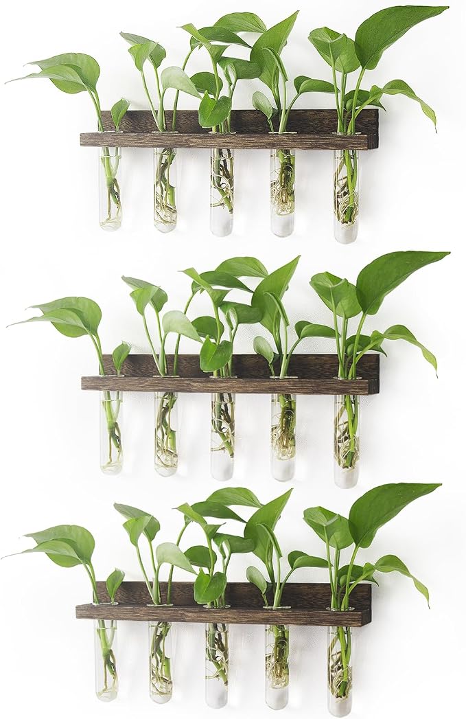 Renmxj Wall Hanging Plant Propagation Station 15 Glass Test Tubes - Brown | 3 Tiered Vase Planter for Hydroponic Home Garden Office Decor, Gardening Gifts for Women Plant Lover