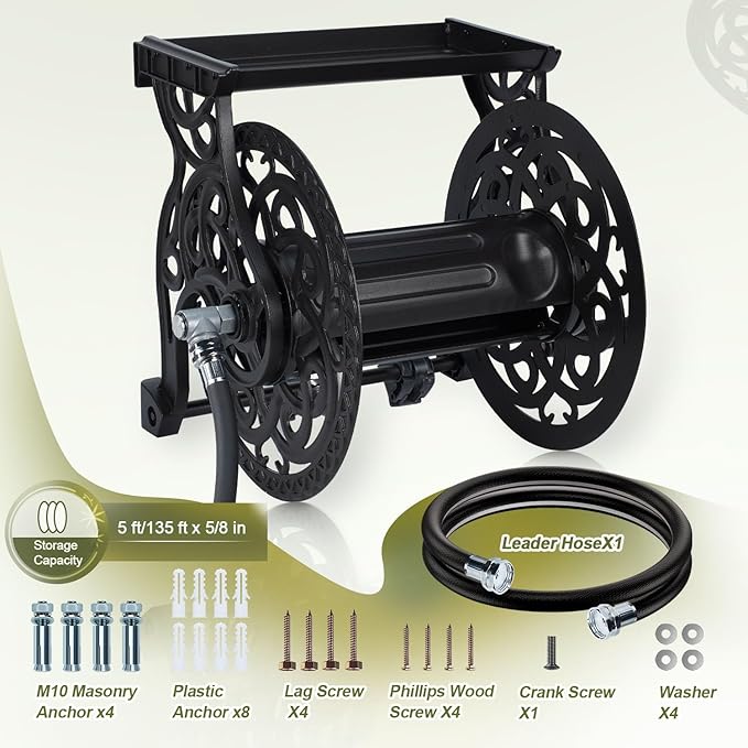 Metal Wall Mount Garden Hose Reel for Outside, Holds 125 ft x 5/8'' Hose Storage, Decorative Heavy Duty Water Hose Holder Aluminum Frame, No-Leak Aluminum Water System, Easy Assmbly, Dark Bronze