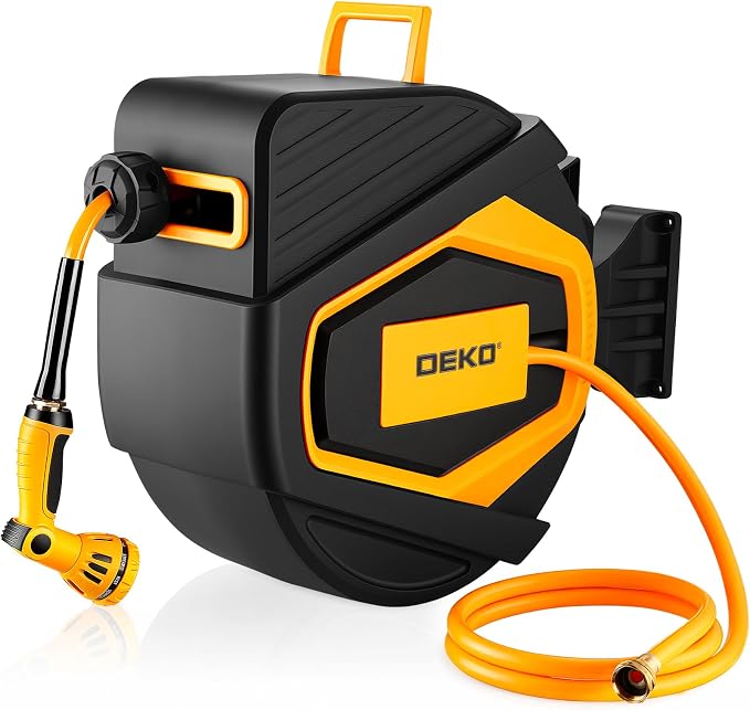 Retractable Garden Hose Reel:100 ft x 1/2 inch, Garden Hose Reel with 9-Pattern Nozzle, 180°Swivel Bracket Wall-Mounted, Automatic Rewind, Lock at Any Length, with Slow Return System