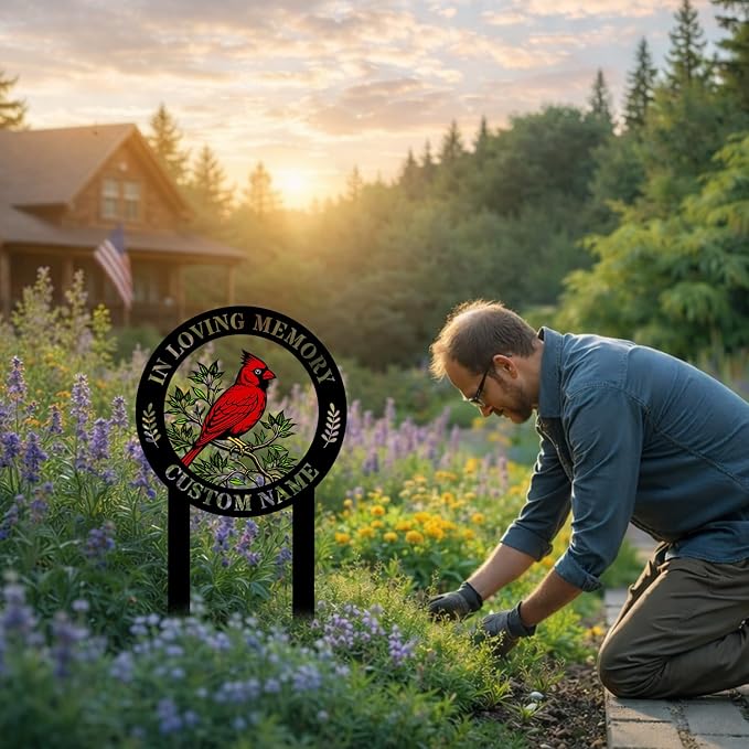 Personalized Cardinal Metal Sign with Stakes, Custom Garden Yard Decor Outdoor, Memorial Gift for Mom, Garden Plaque Gifts for Memorial, Remembrance loss loved Ones Grave Marker