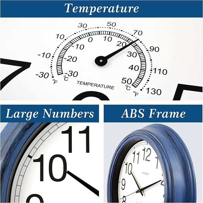 VIKMARI Indoor Outdoor Sealed Glass Clock Waterproof Silent Classic Quartz Clocks Thermometer Battery Operated Wall Clocks for Bathroom Patio Pool Wall Decor (12 Inch,Rustic Blue)