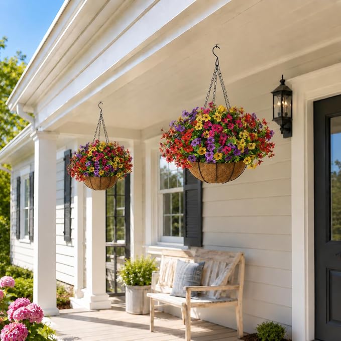 Geegoods 2 Pack Artificial Hanging Flowers for Outdoors, 24 Pcs UV Resistant Faux Mums Flowers with 2 Hanging Baskets, Fake Hanging Plants for Front Porch, Patio, Balcony, Yard and Garden Decor