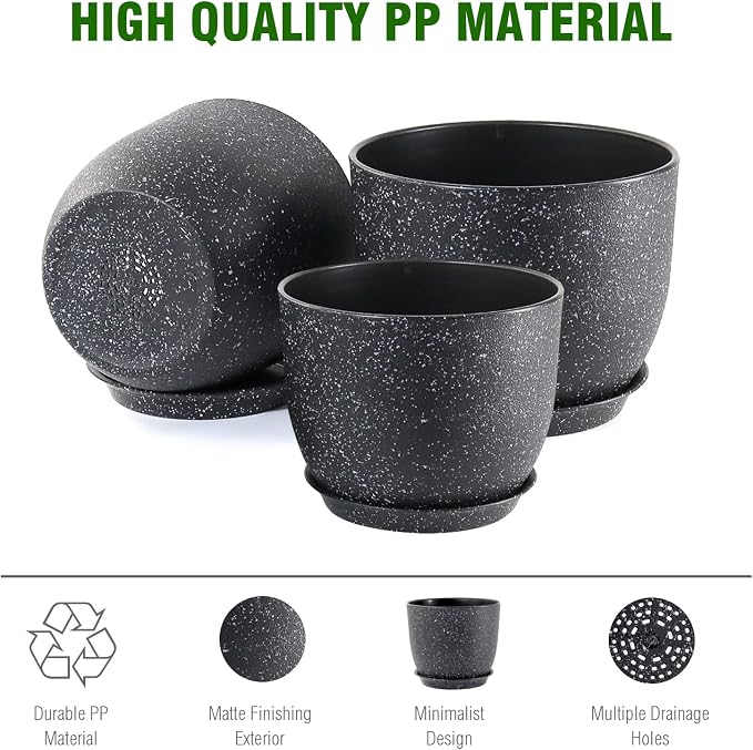 WSMKSZ Plant Pots 10/9/8 inch, Set of 3 Modern Decorative Plastic Planters with Drainage Holes and Saucers for Garden House Plants, Flower Pots for Indoor Outdoor Plants, Speckled Black