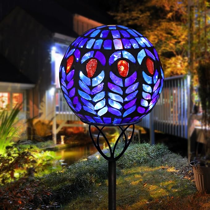 Solar Outdoor Decorative Light, Mosaic Ball Stake for Yard Decor, 6" | 6" Crackle Glass Sphere Mosaic Glass Ball Stake, Waterproof Design & Solar Lights for Lawn, Yard & Pathway Decor, Multi