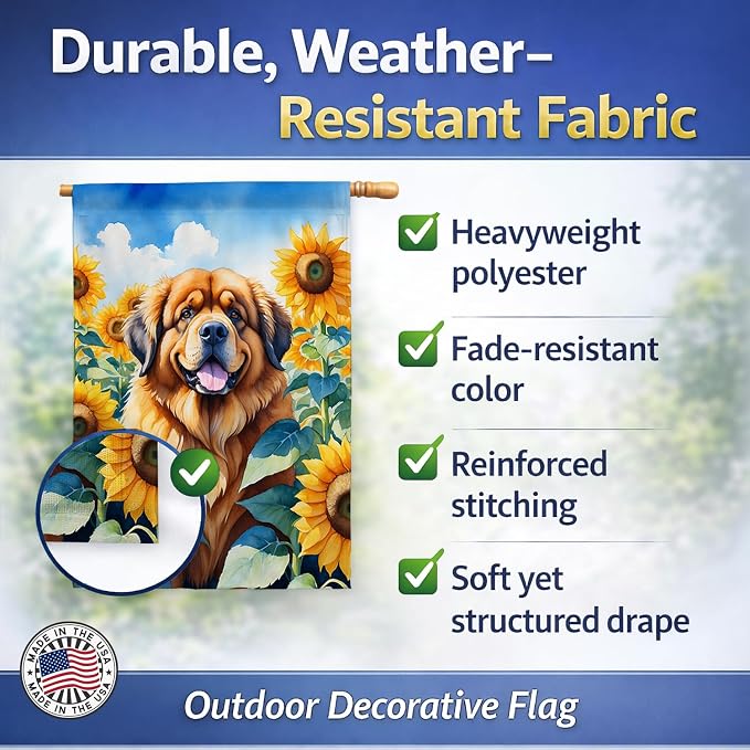 Caroline's Treasures DAC6166CHF Tibetan Mastiff in Sunflowers House Flag Large Porch Sleeve Pole Decorative Outside Yard Banner Artwork Wall Hanging, Polyester, House Size, Multicolor
