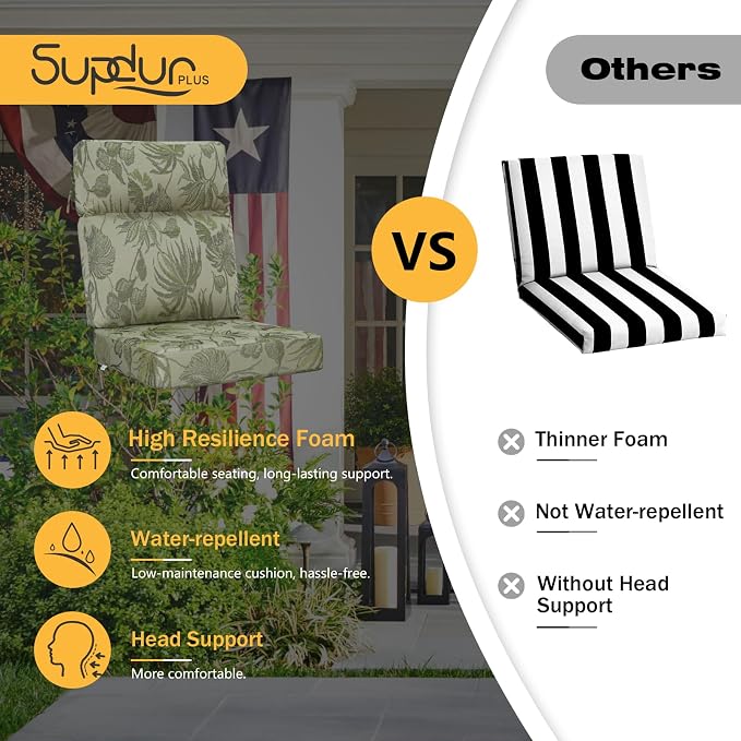 Outdoor High Back Chair Cushion, 2 Pack 44x21 inches Patio Chair Cushions Water Repellent Rocking Cushions Indoor Furniture Seat Pad, Dark Green Vine