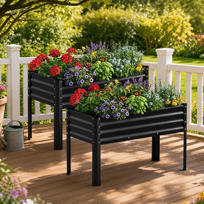 COMHOMA 2 Pack Raised Garden Bed with Legs 4x2x2.5ft,Large Elevated Galvanized Metal Planter Box with Drainage Holes,Outdoor Growing Kit with Gloves Tools for Backyard Patio Lawn,Black
