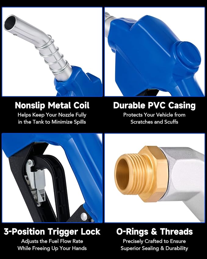 Orion Motor Tech 1" NPT Automatic Fuel Nozzle Kit, Auto Shut Off Fuel Nozzle with 360° Hose Swivel, Gas Fuel Transfer Refilling Nozzle with 1-3/16" Spout 32 gpm for Gasoline Diesel Kerosene