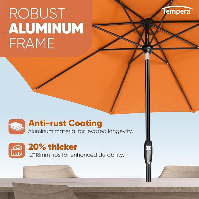 Tempera Patio Market Outdoor Table Umbrella with Auto Tilt and Crank, Large Sun Umbrella with Sturdy Pole & Fade Resistant Canopy, Easy to Set