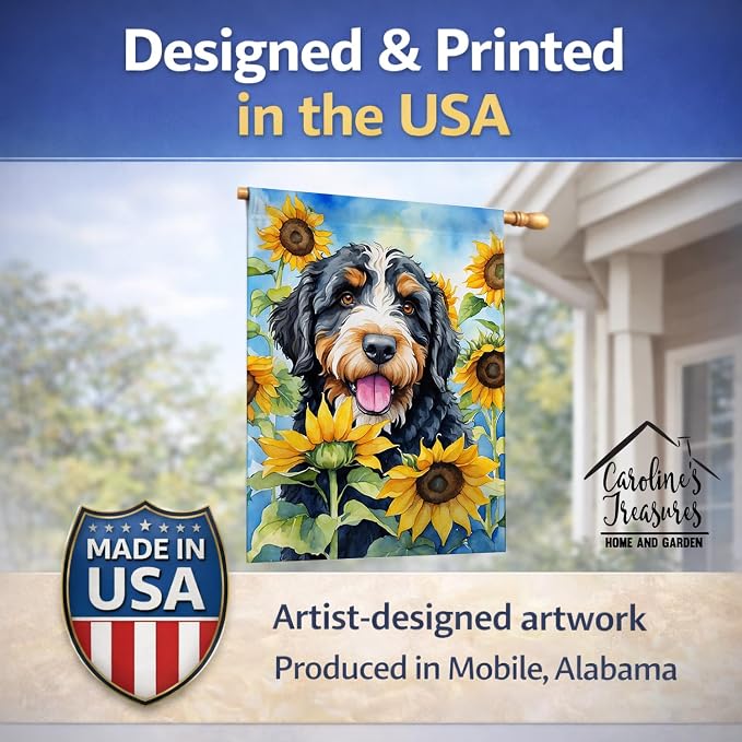 Caroline's Treasures DAC6025CHF Bernedoodle in Sunflowers House Flag Large Porch Sleeve Pole Decorative Outside Yard Banner Artwork Wall Hanging, Polyester, House Size, Multicolor
