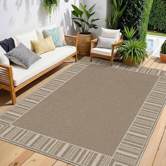 COZYLOOM Indoor Outdoor Rugs 8x10 Easy Jute Washable Area Rug, Beige Brown | Modern Non Slip Neutral Border Non Shedding Stain Resistant Foldable Rug for Living Room Dining Room Bedroom Patio Backyard