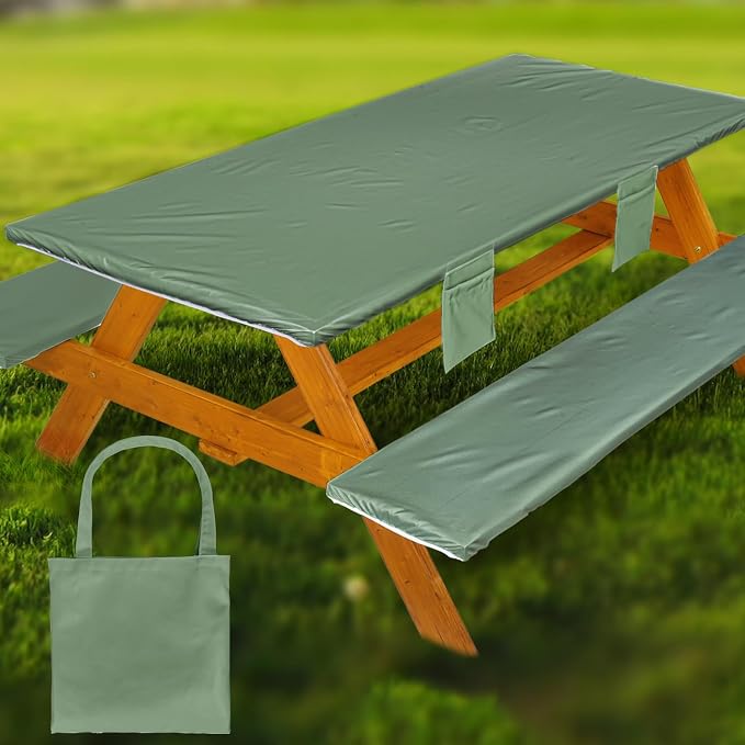 Wrakus Picnic Table Cover with Bench Covers Vinyl Elastic Edges Fitted Rectangle Seat Tables Waterproof 3-Piece72X30in Set Outdoor Rectangular Folding Backing Tablecloth for Camping Over Size