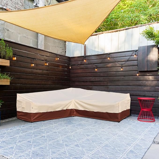 Outdoor Sectional Cover V-Shaped Garden Patio Furniture Covers Waterproof Rip-Stop Anti-UV 600D Outdoor Couch Sofa Cover with 3 Air Vents, 85"(85''L) x 33.5''D x 31''H, Beige & Reddish Brown