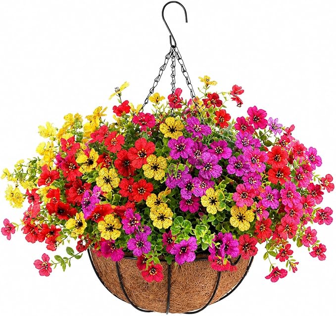 Geegoods Artificial Hanging Flowers for Outdoors, 1 Pack UV Resistant Fake Hanging Basket with 12 Pcs Mixed-Color Mums, Realistic Artificial Hanging Plants for Porch Patio Balcony Yard Garden Decor