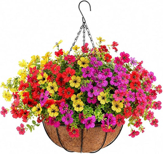 Geegoods Artificial Hanging Flowers for Outdoors, 1 Pack UV Resistant Fake Hanging Basket with 12 Pcs Mixed-Color Mums, Realistic Artificial Hanging Plants for Porch Patio Balcony Yard Garden Decor