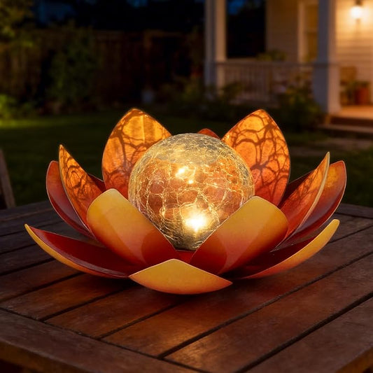 Huaxu Solar Lights Outdoor Garden Decoration Crackle Globe Glass Waterproof LED Metal Orange Lotus Flowers Gift for Mom,Women,Patio,Lawn,Walkway,Tabletop,Ground